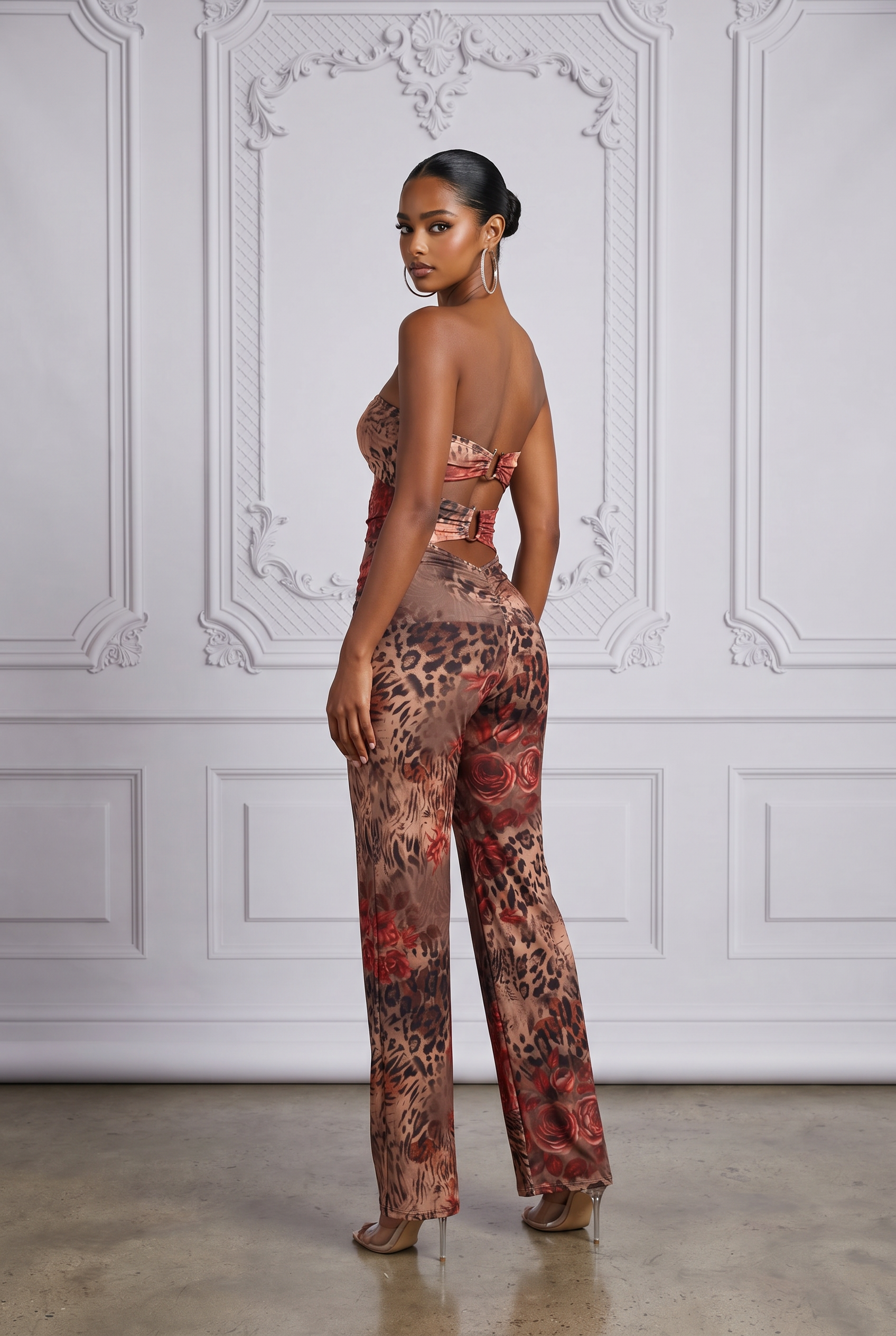 Animal Print Strapless Cutout Wide Leg Jumpsuit in Leopard Size L – Side View