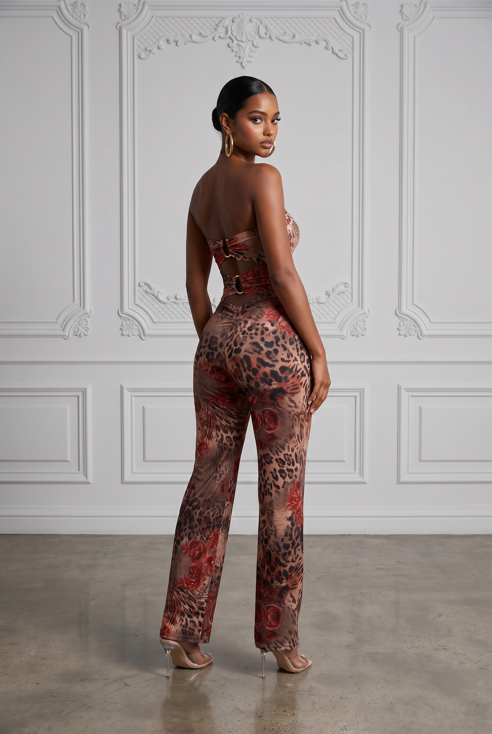Animal Print Strapless Cutout Wide Leg Jumpsuit in Leopard Size M – Back View