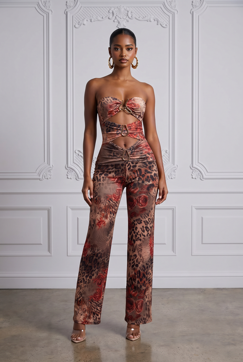 Animal Print Strapless Cutout Wide Leg Jumpsuit in Leopard Size S – Front View