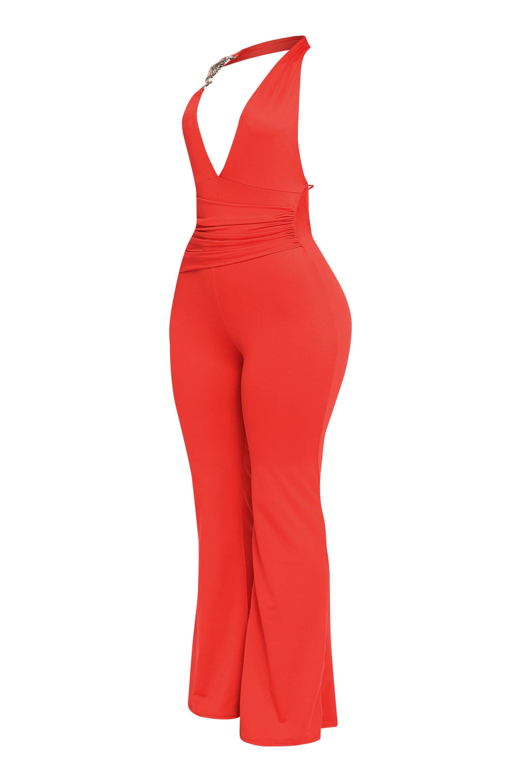 Red backless halter jumpsuit, detail view on model