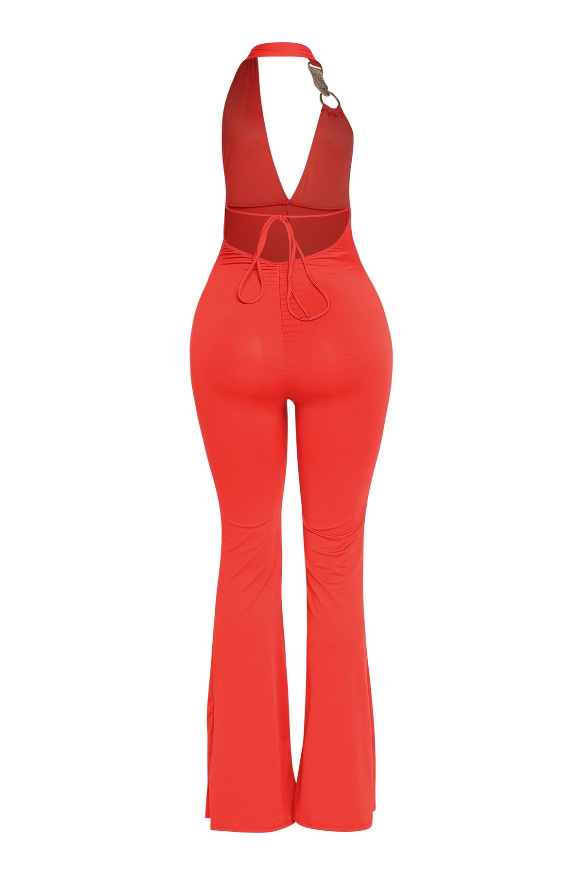 Red backless halter jumpsuit, side view on model