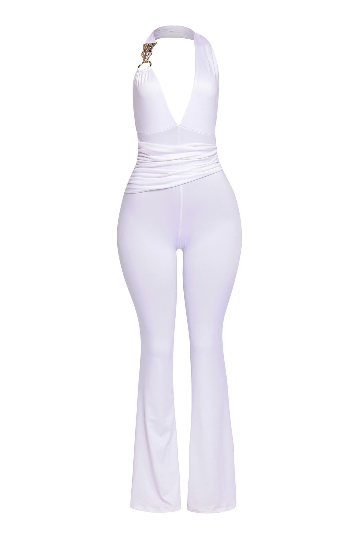 White backless halter jumpsuit, angled view on model
