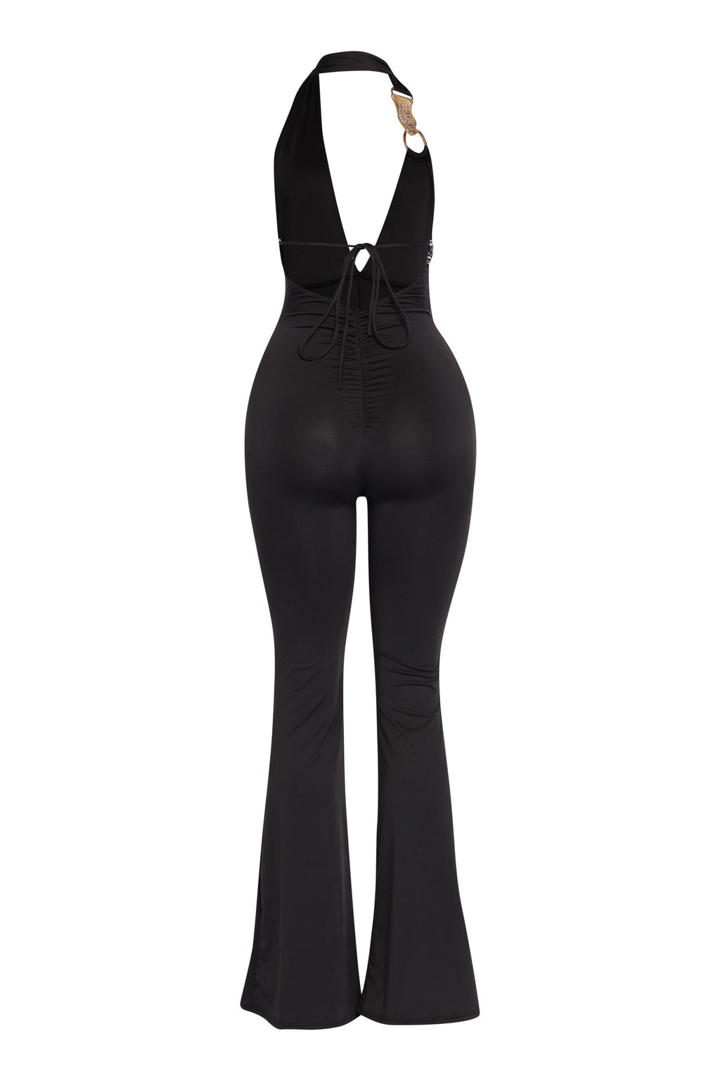 Black backless halter jumpsuit, alternate front view on model
