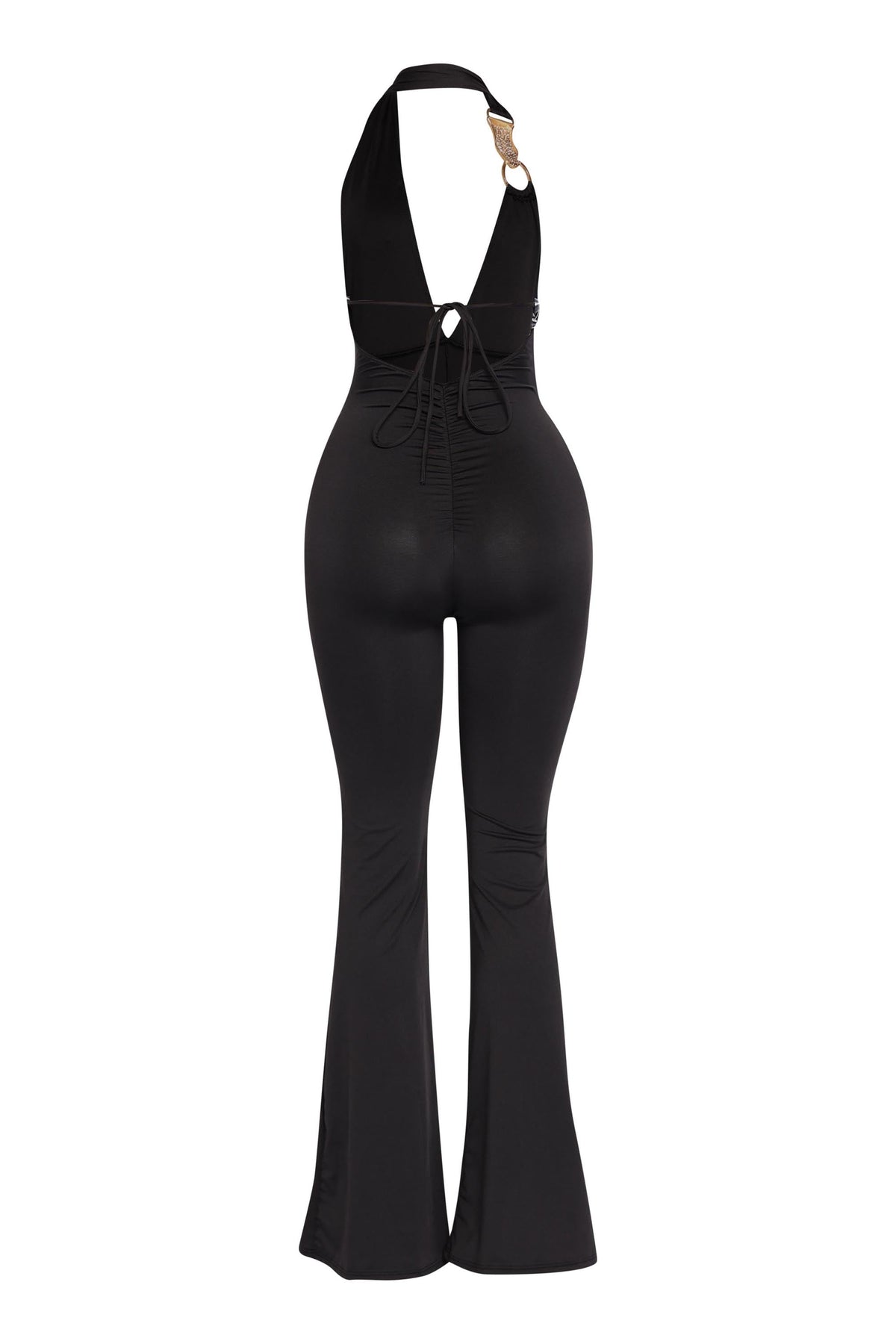 Black backless halter jumpsuit, alternate front view on model