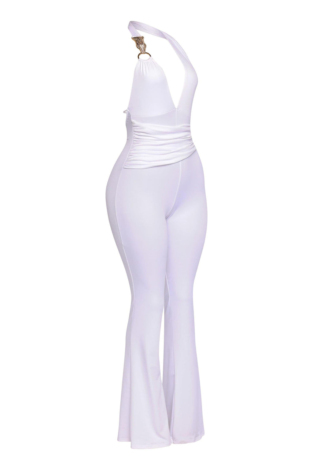 White backless halter jumpsuit, view 3 on model