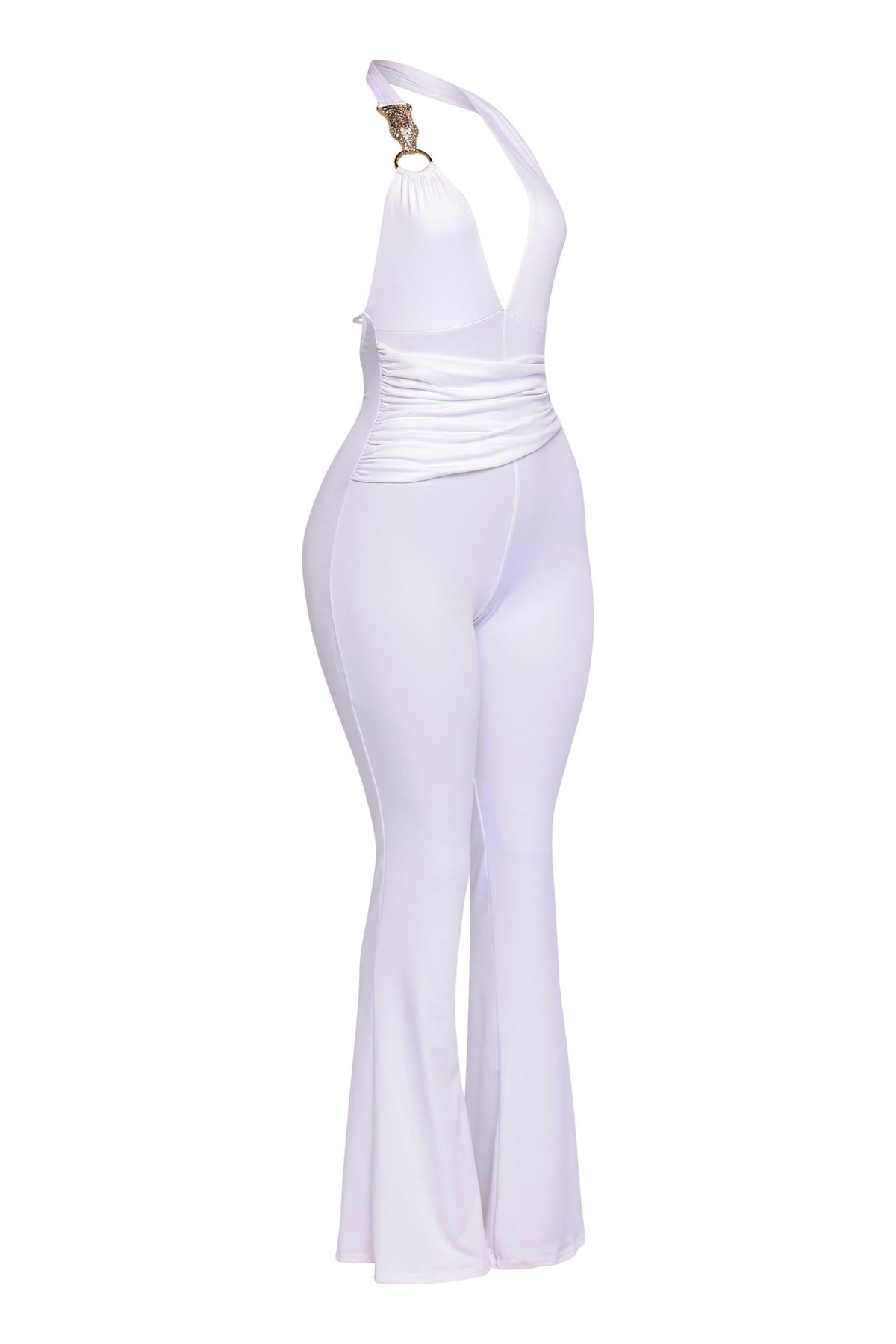 White backless halter jumpsuit, view 3 on model