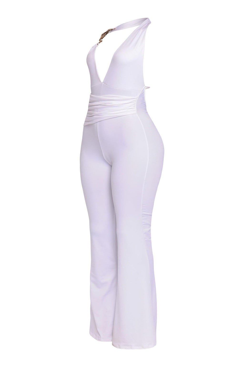 White backless halter jumpsuit, alternate back view on model