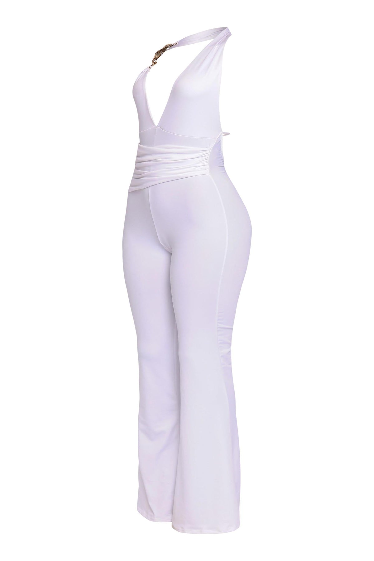 White backless halter jumpsuit, alternate back view on model