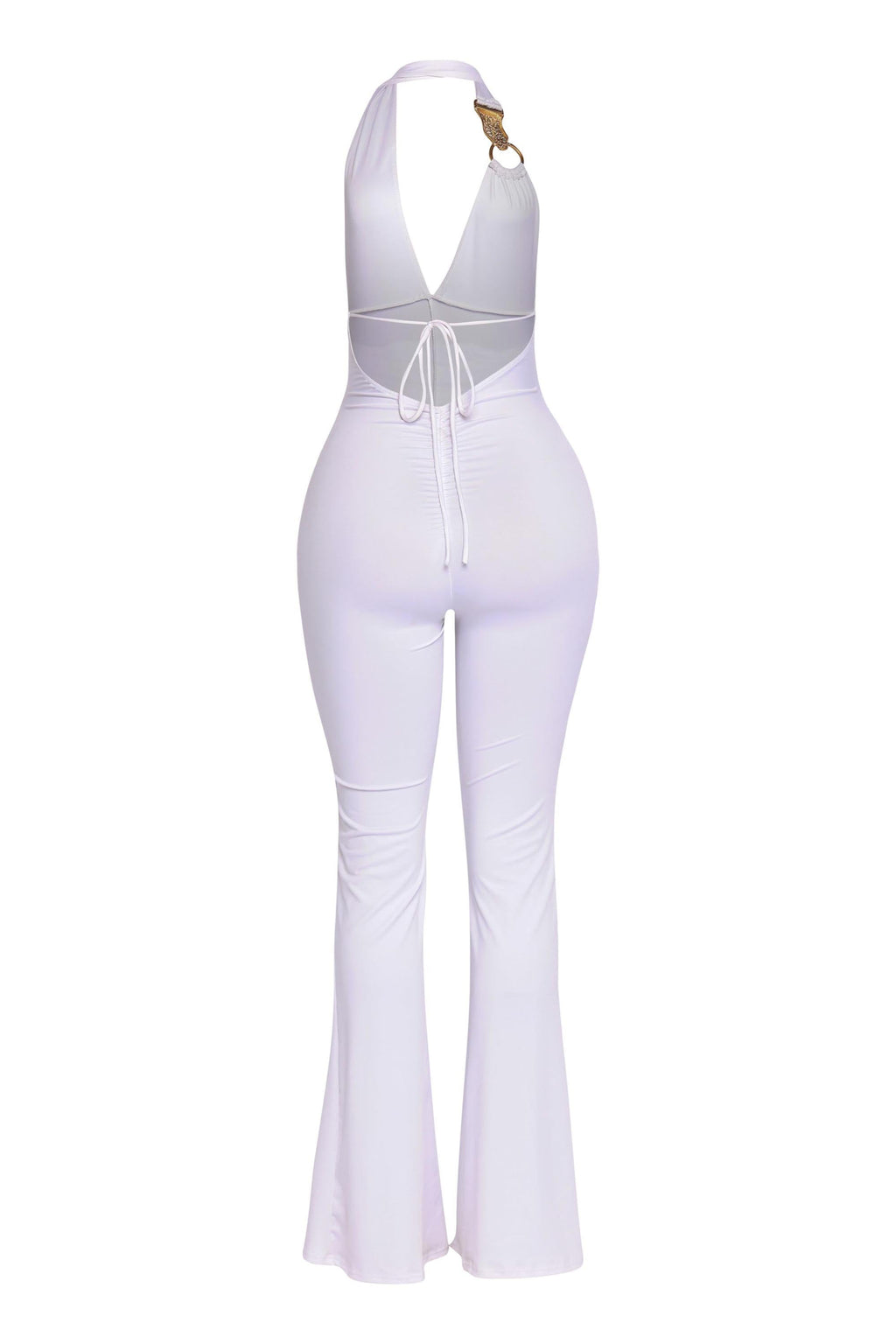 White backless halter jumpsuit, view 2 on model