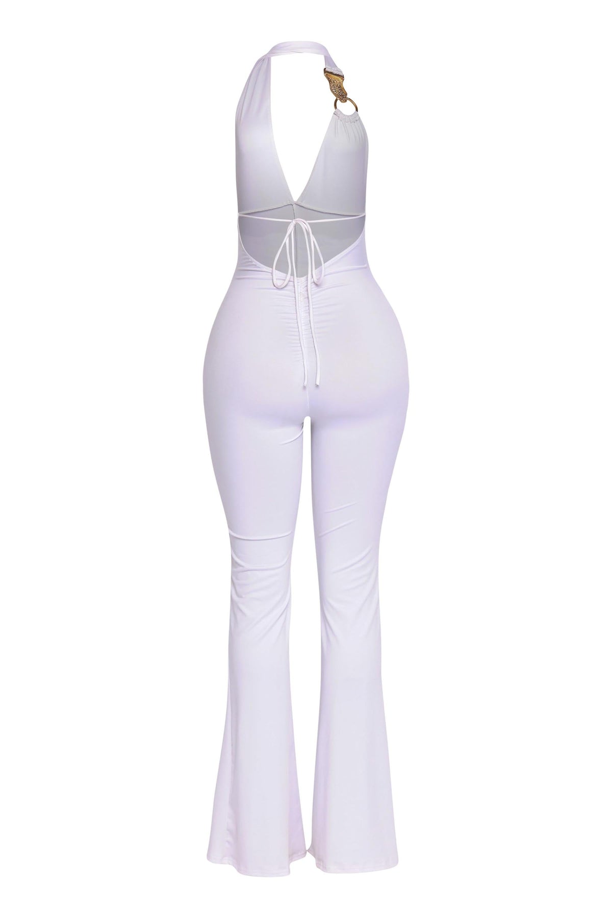 White backless halter jumpsuit, view 2 on model