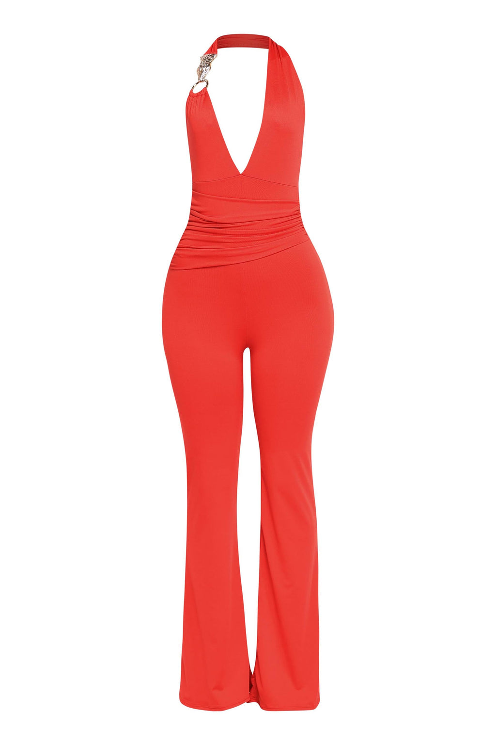Red backless halter jumpsuit, back view on model