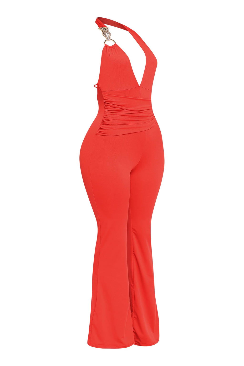 Red backless halter jumpsuit, close-up view on model