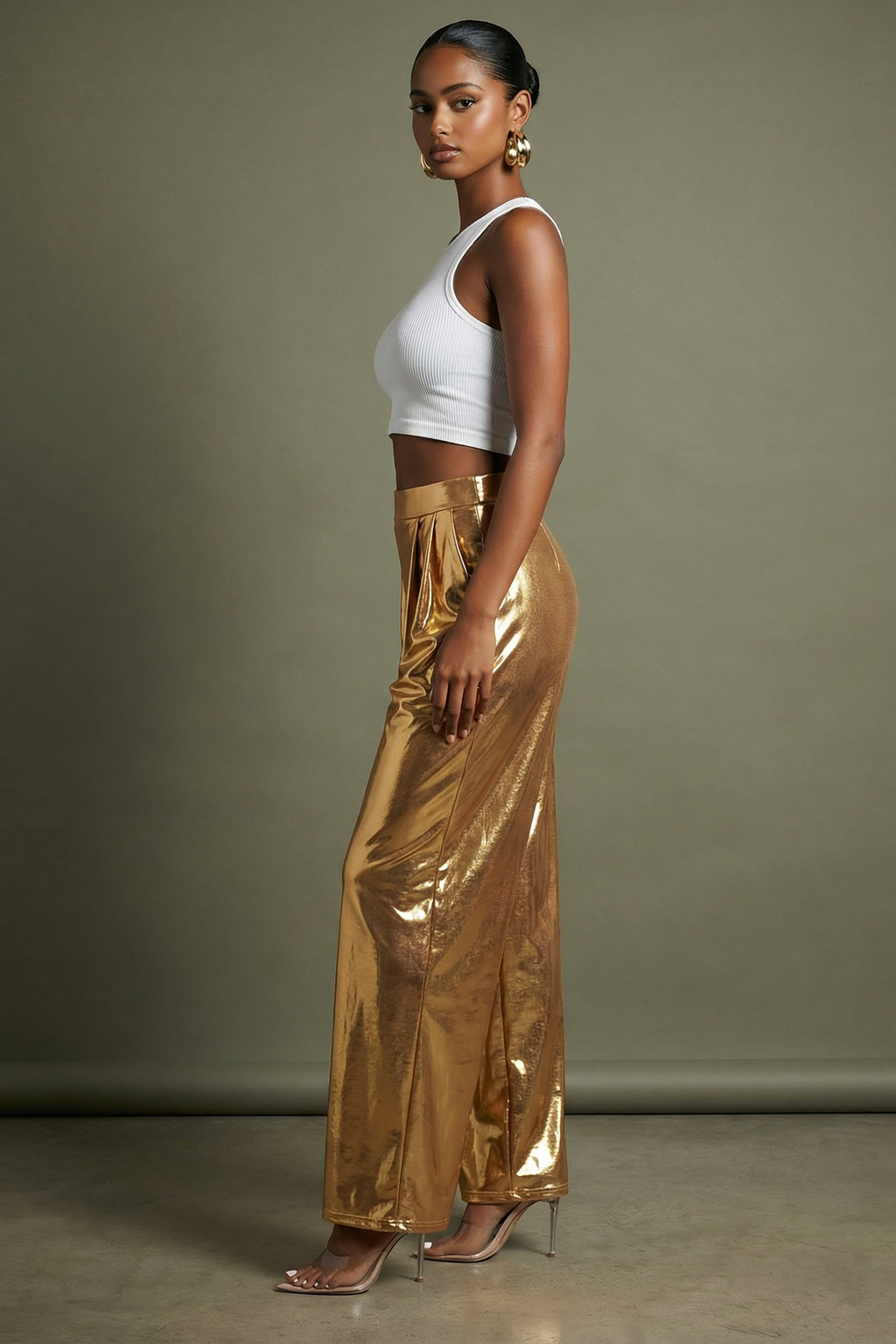 Metallic Wide Leg Pants in Gold – Side view