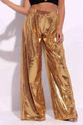 Gold metallic wide leg pants, detail view on model