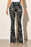 Camouflage flared pants with white side fringe — front view