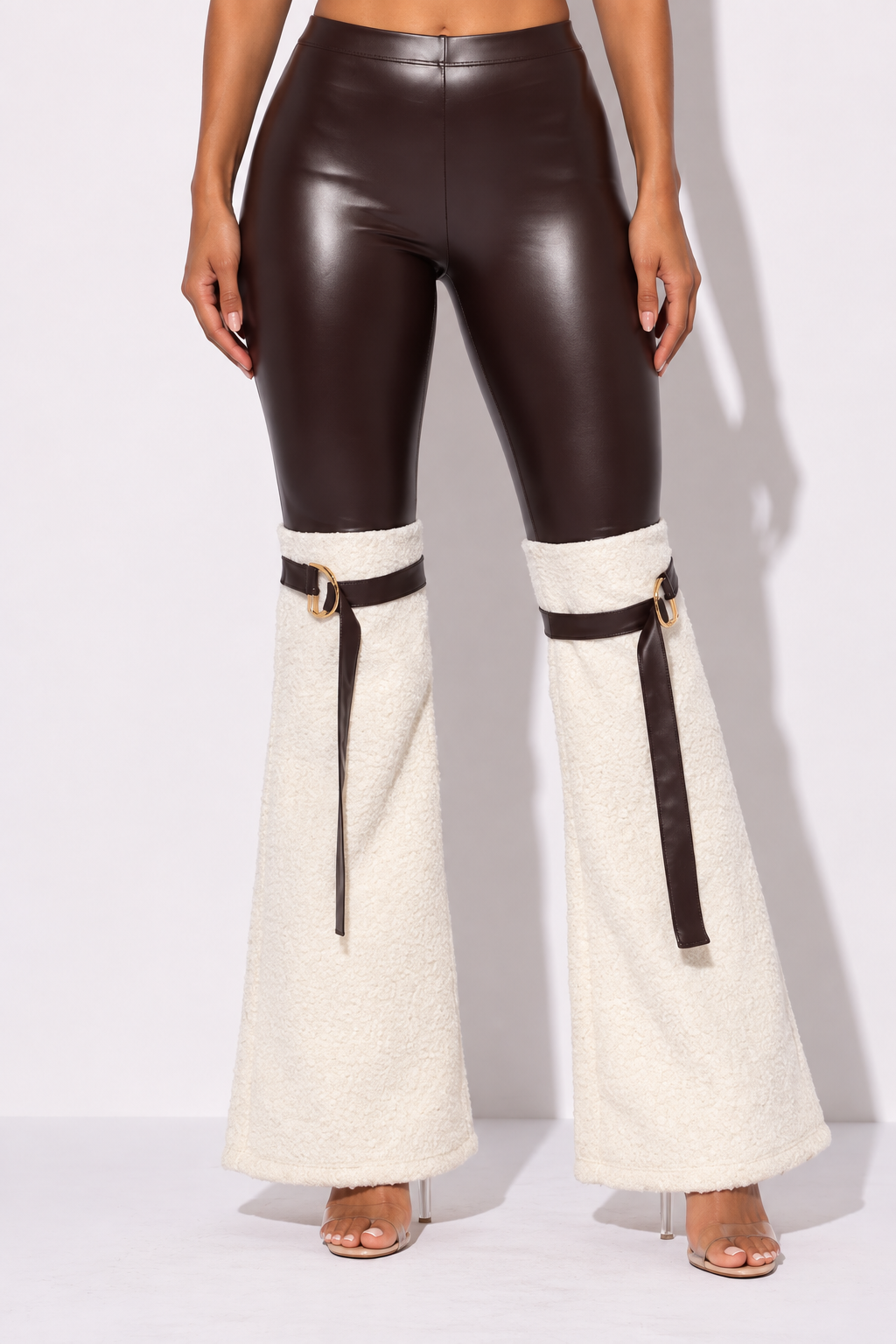 Muvin women's cream d-ring detailed PU contrast pants, front view on model