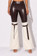 Muvin women's cream d-ring detailed PU contrast pants, front view on model