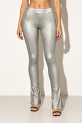 Muvin women's silver shiny tricot side-slit pants, front view