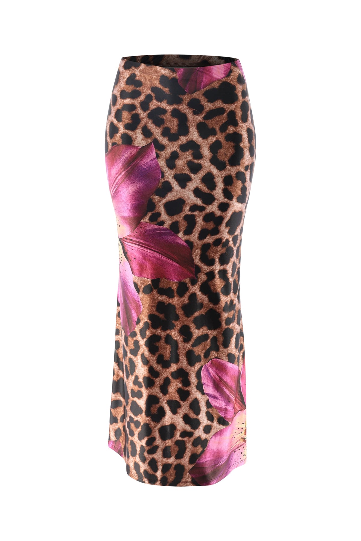 Floral Leopard Flare Maxi Skirt in Brown Magenta – Side view