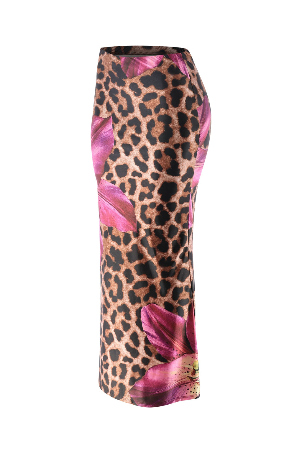 Brown and magenta floral leopard flare maxi skirt, side view on model