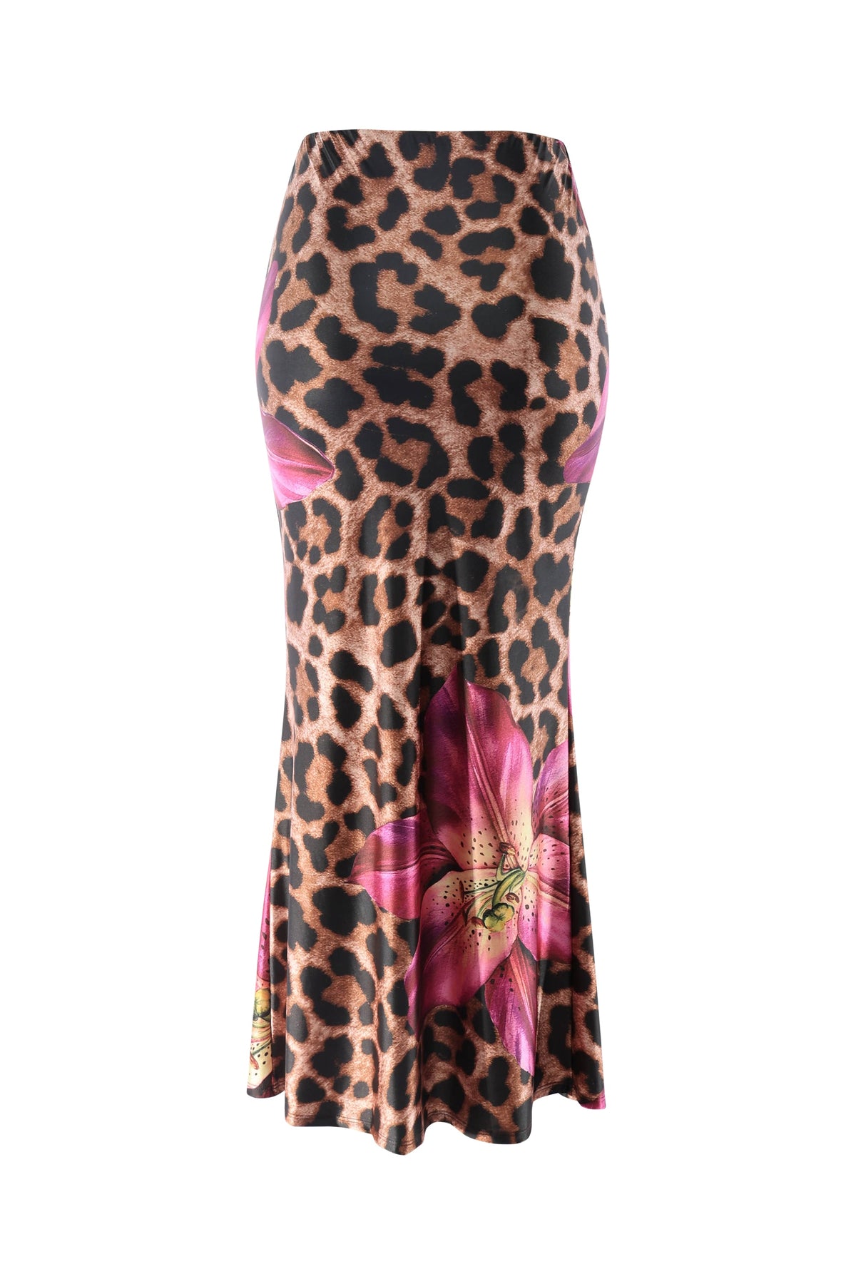 Brown and magenta floral leopard flare maxi skirt, detail view on model