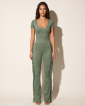 Muvin women's olive mineral-washed fringe-hem jumpsuit, front view on model