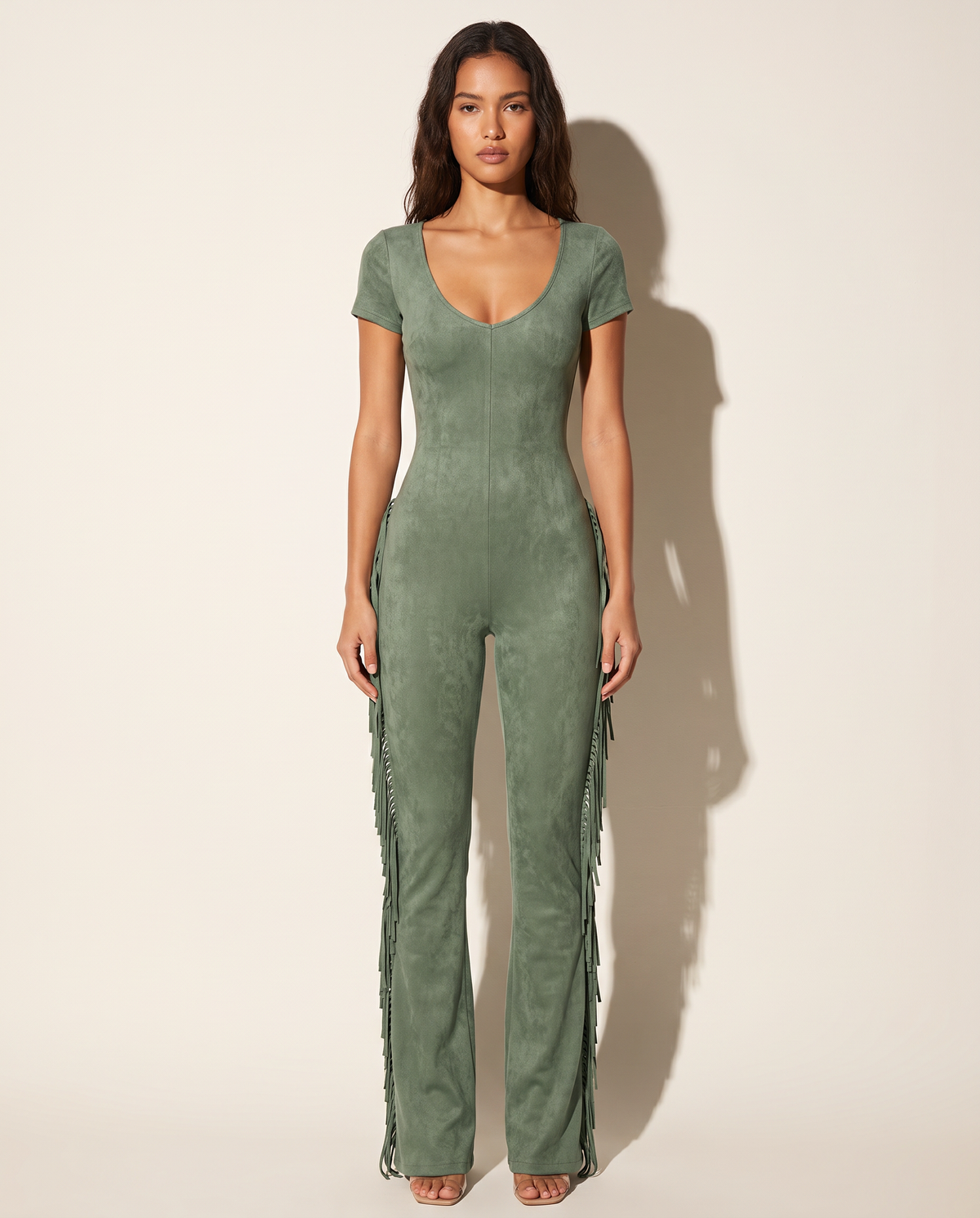Muvin women's olive mineral-washed fringe-hem jumpsuit, front view on model