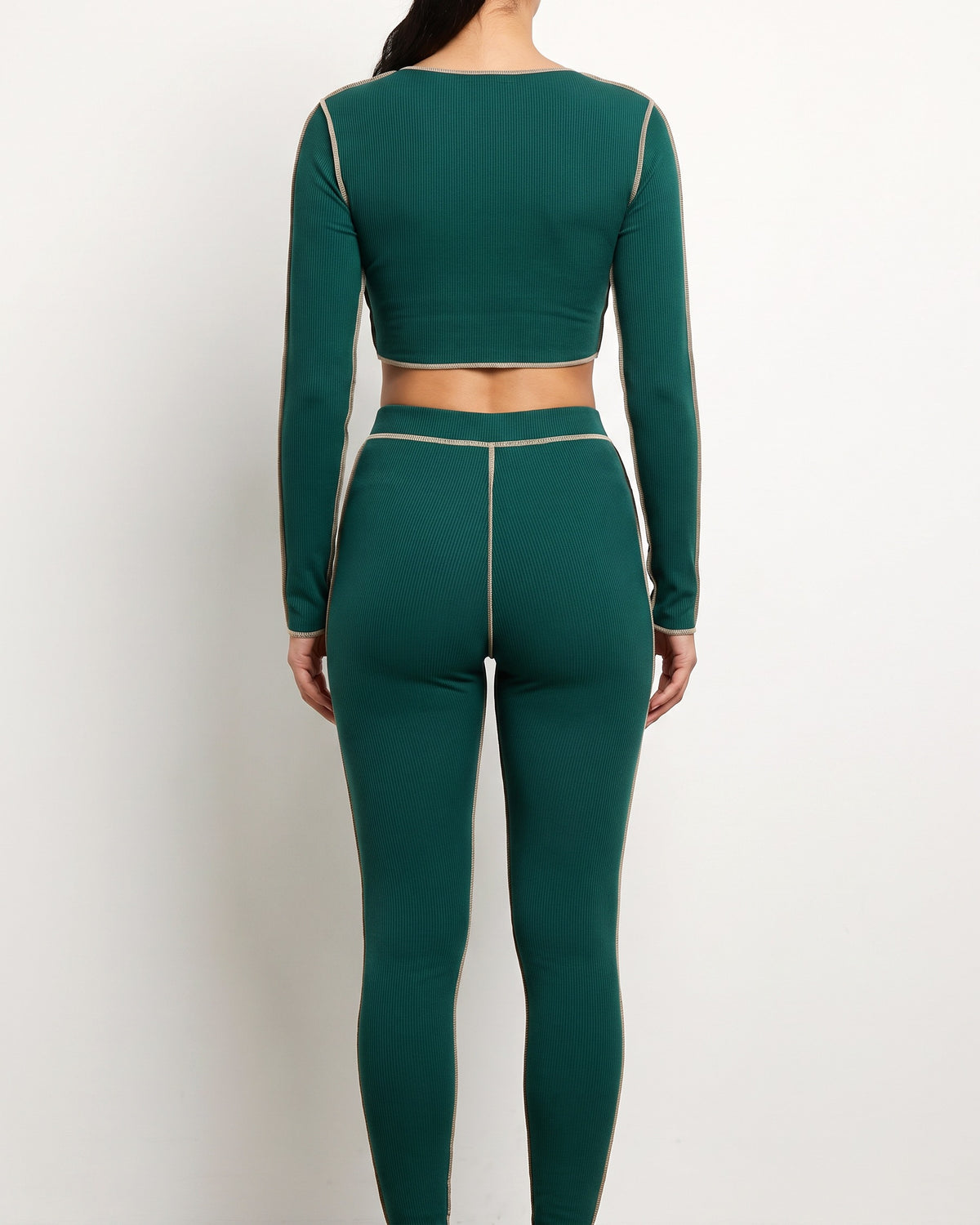 Hunter stitch detailed tie front top and legging set, back view on model
