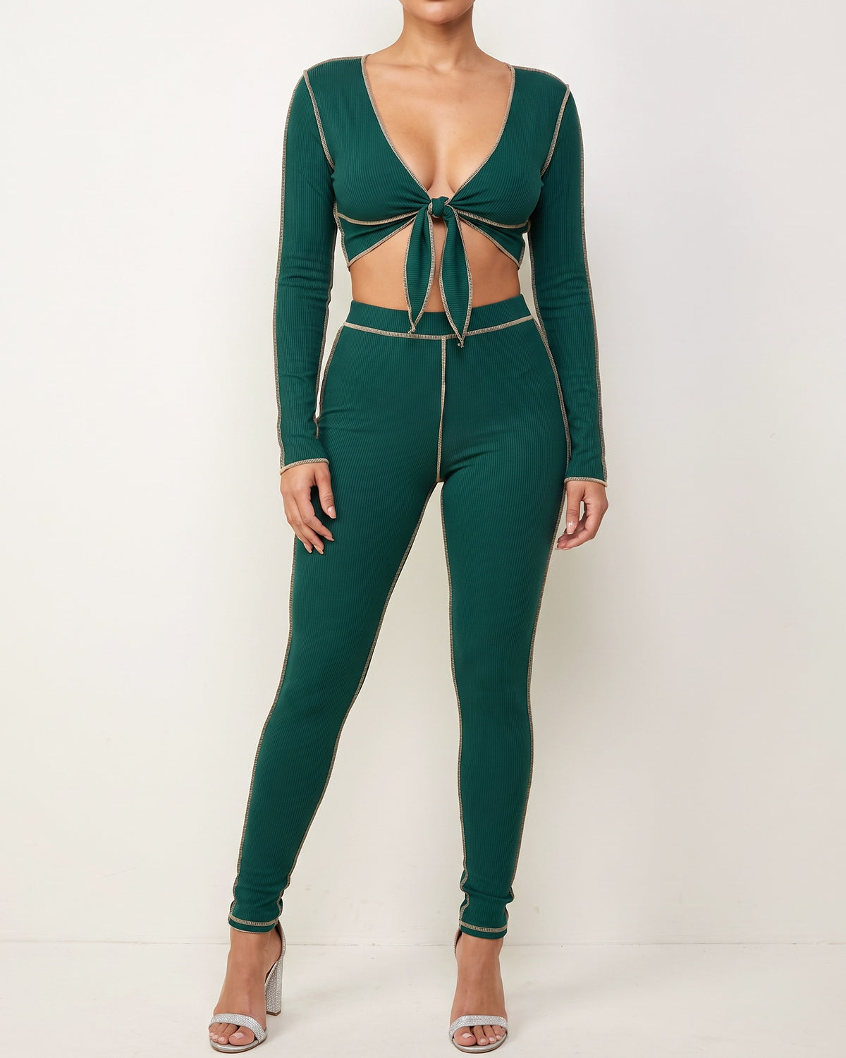 Hunter stitch detailed tie front top and legging set, alternate front view on model