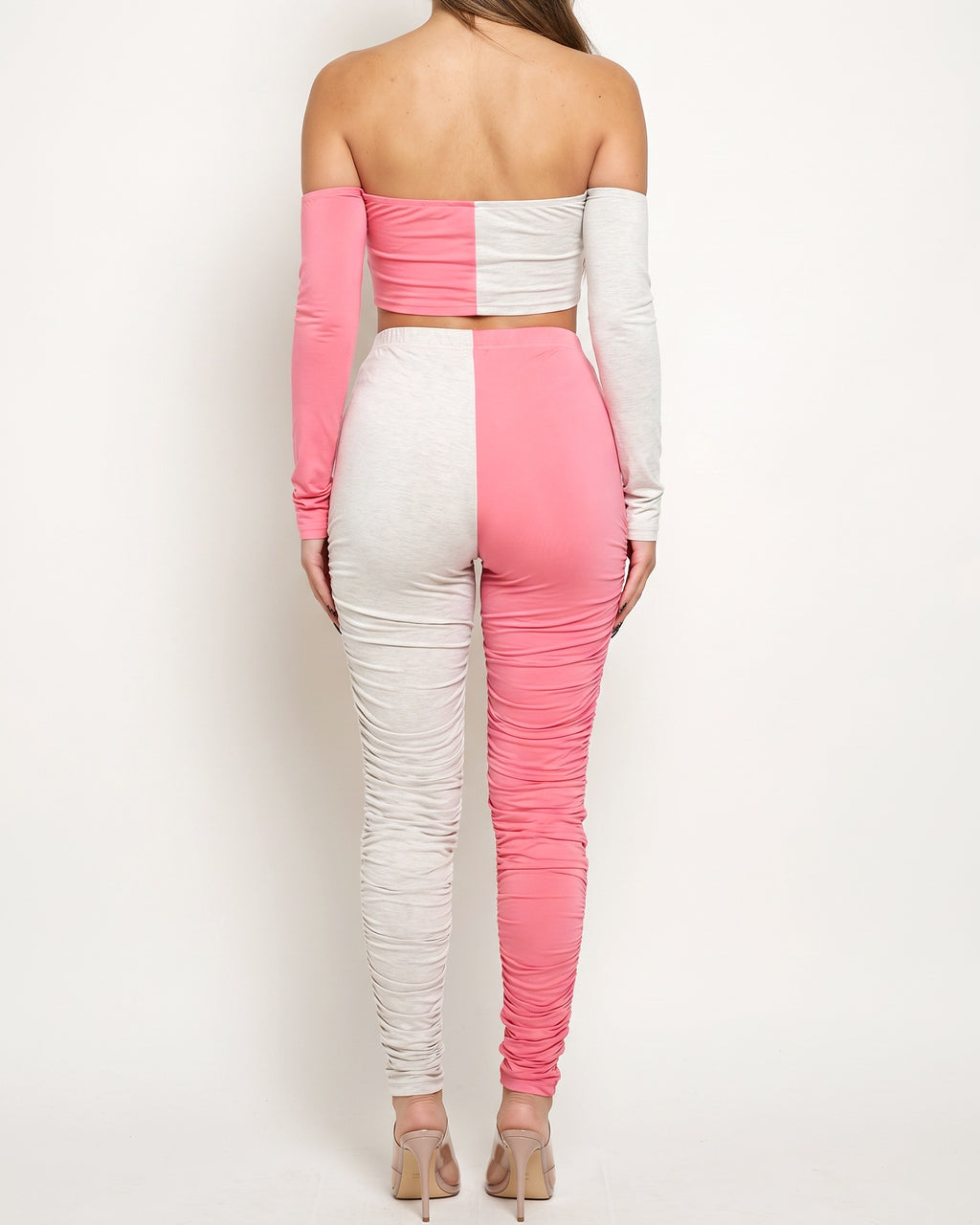 H.grey and pink color blocked ruched set, back view on model