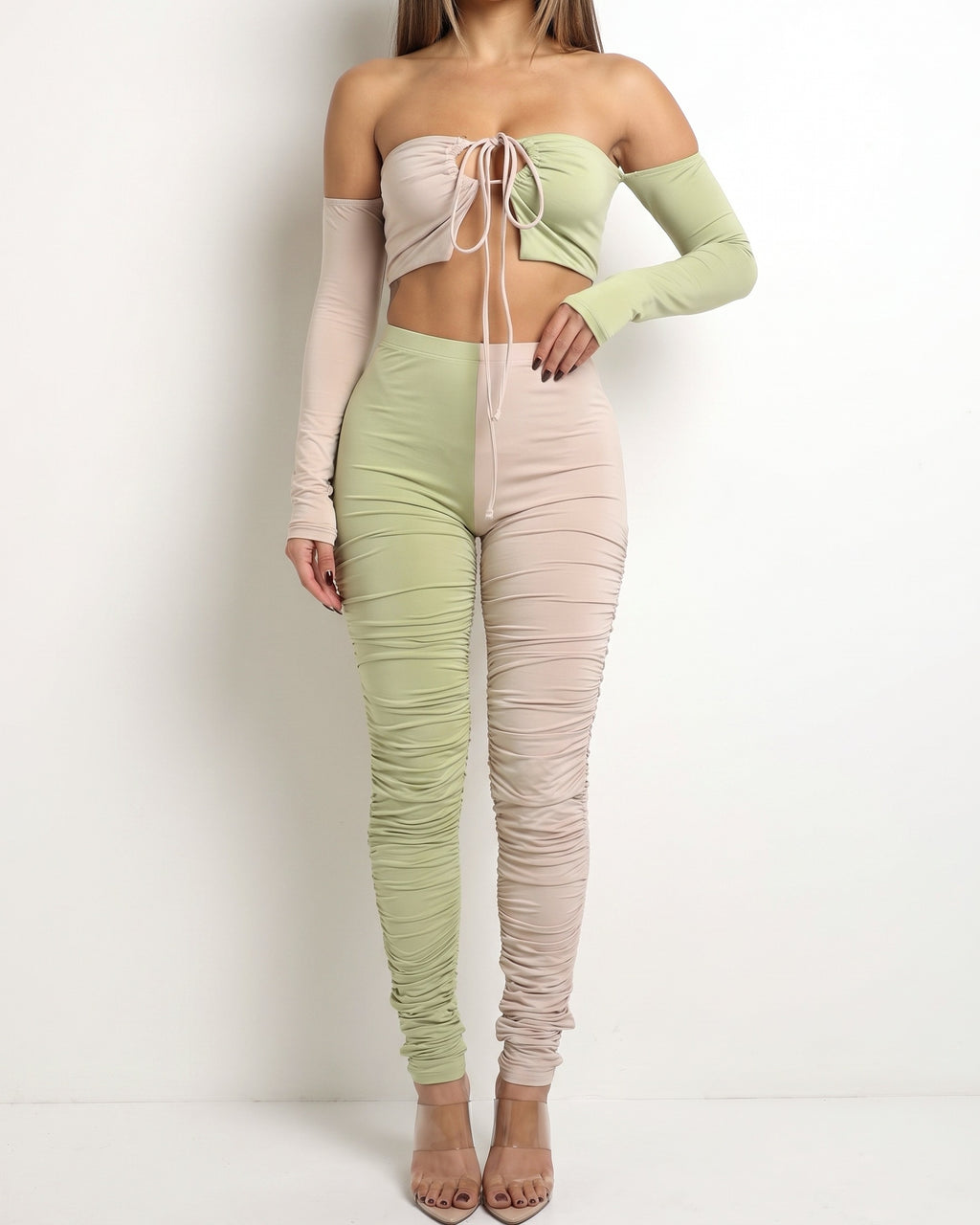 Nude and sage color blocked ruched set, alternate front view on model