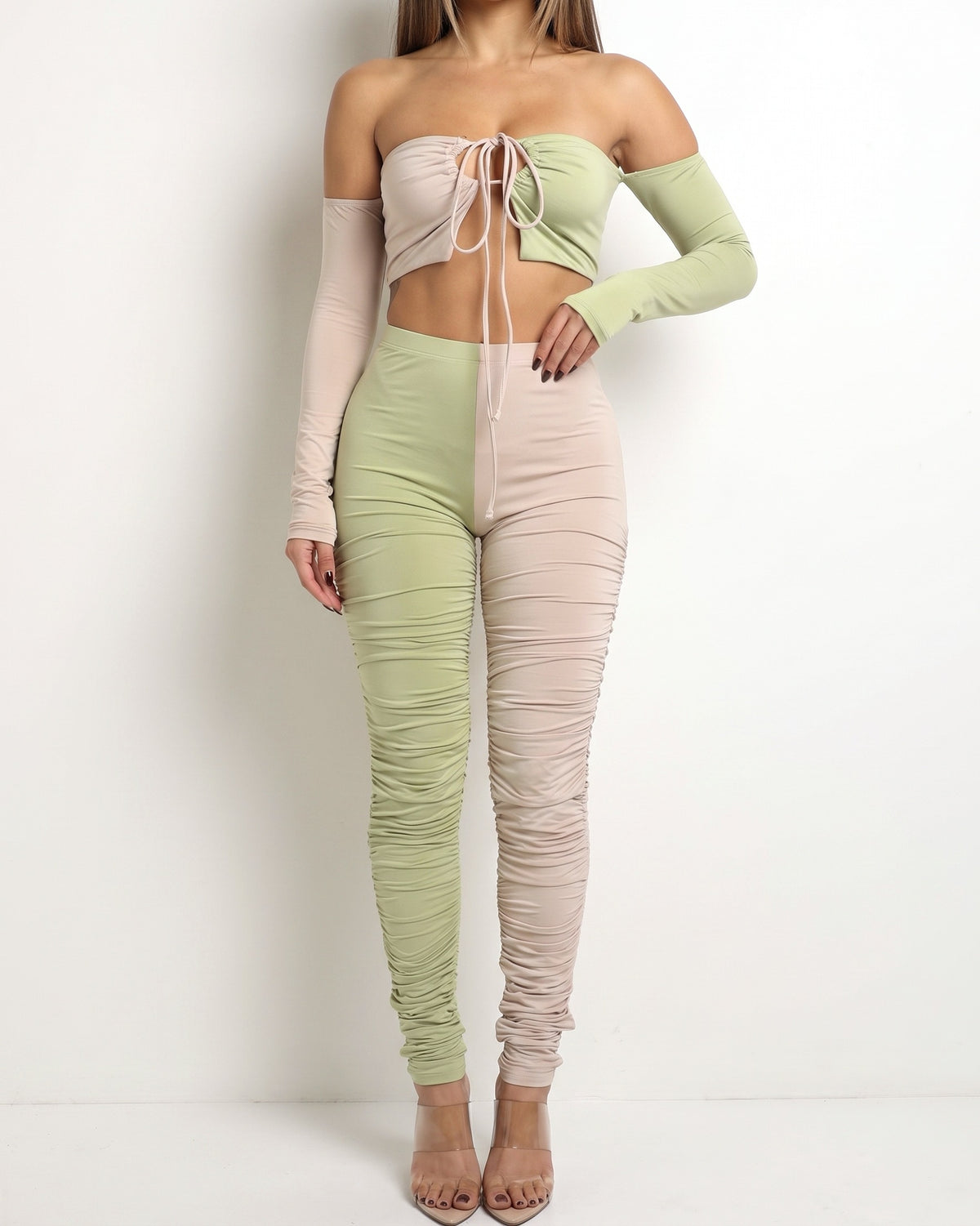 Nude and sage color blocked ruched set, alternate front view on model