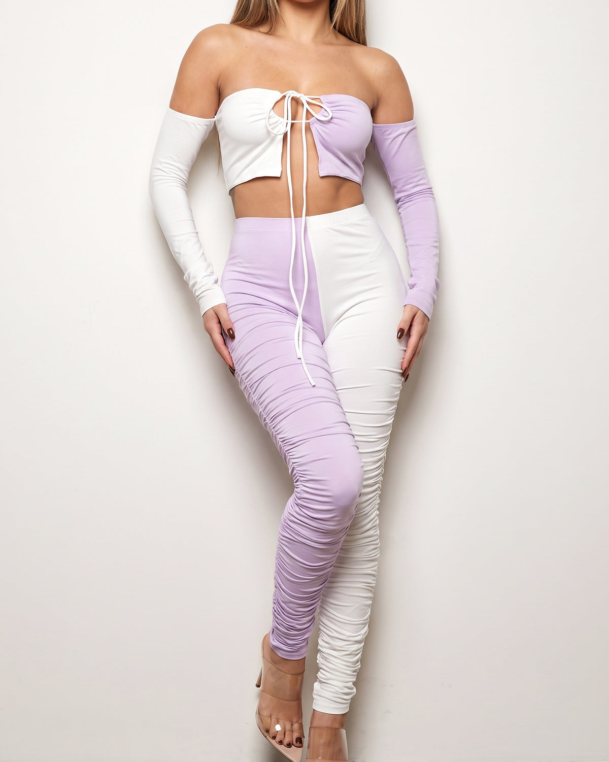 White and lavender color blocked ruched set, front view on model