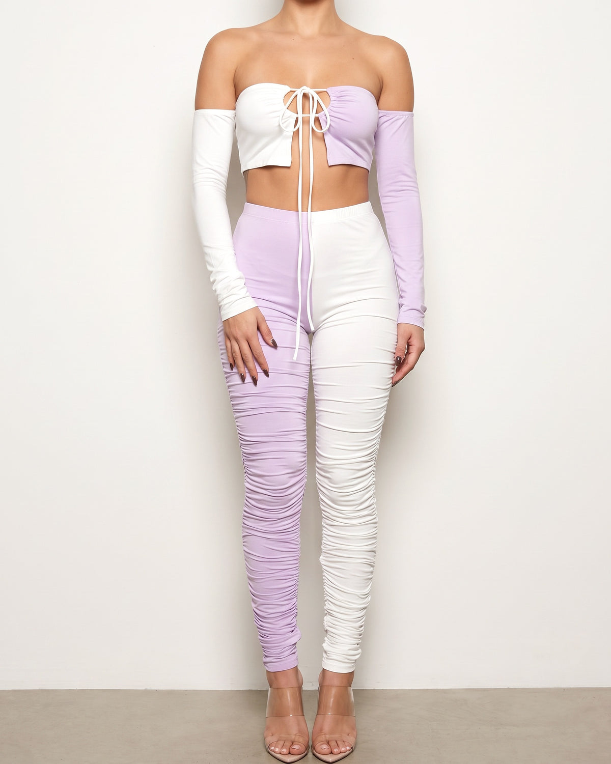 White and lavender color blocked ruched set, alternate front view on model