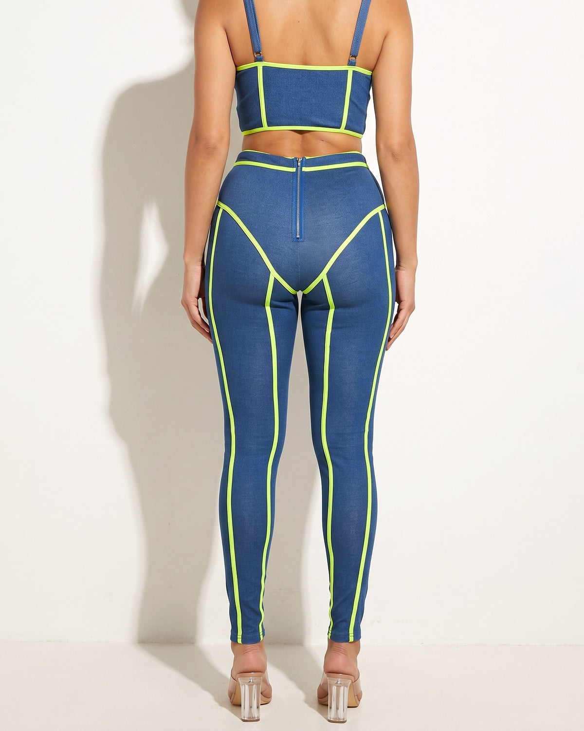 Neon binding detailed denim set, back view on model