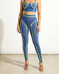 Muvin women's neon binding detailed denim set, front view on model