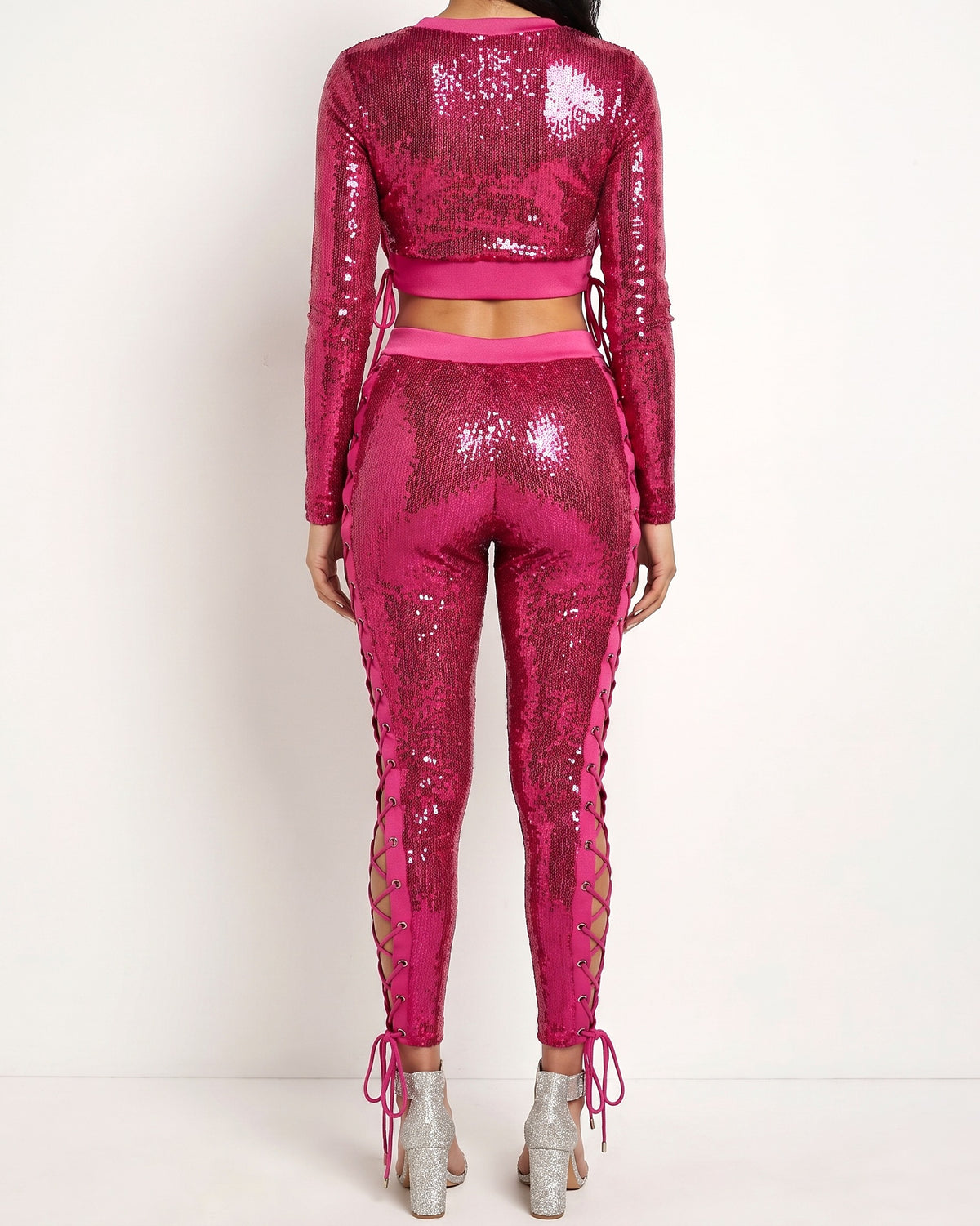 Fuchsia side eyelet tape sequin set, back view on model