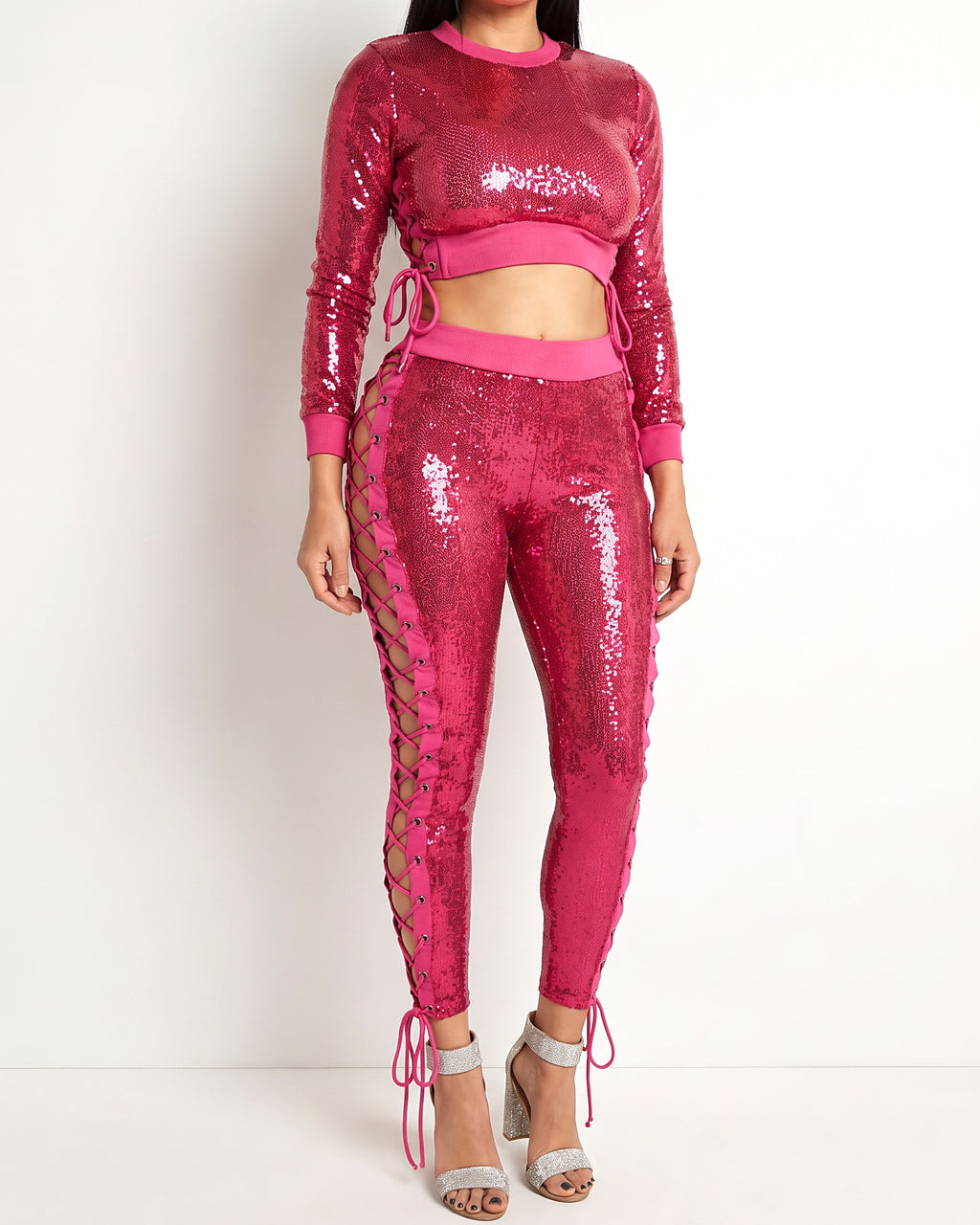 Muvin women's fuchsia side eyelet tape sequin set, front view on model