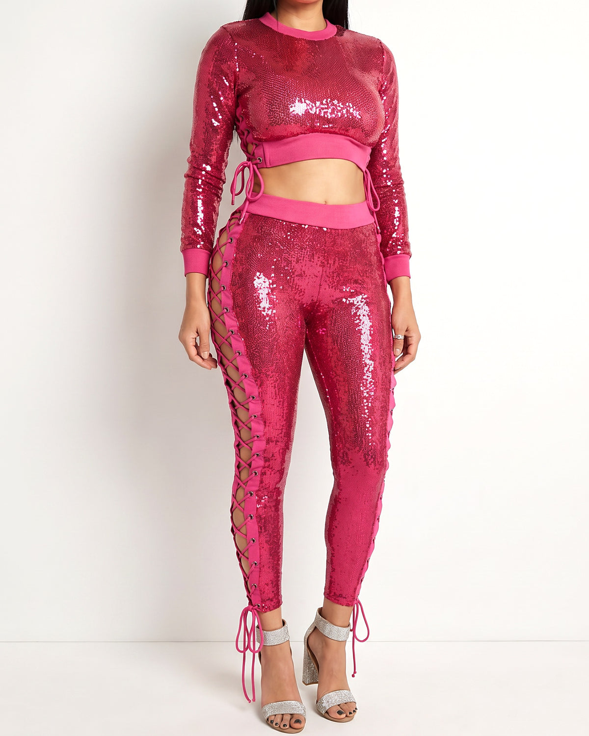 Muvin women's fuchsia side eyelet tape sequin set, front view on model