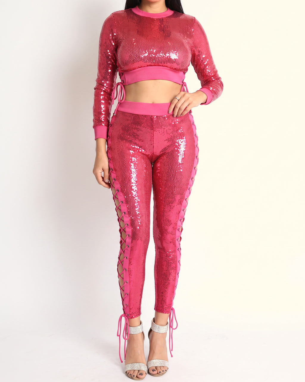 Fuchsia side eyelet tape sequin set, alternate front view on model