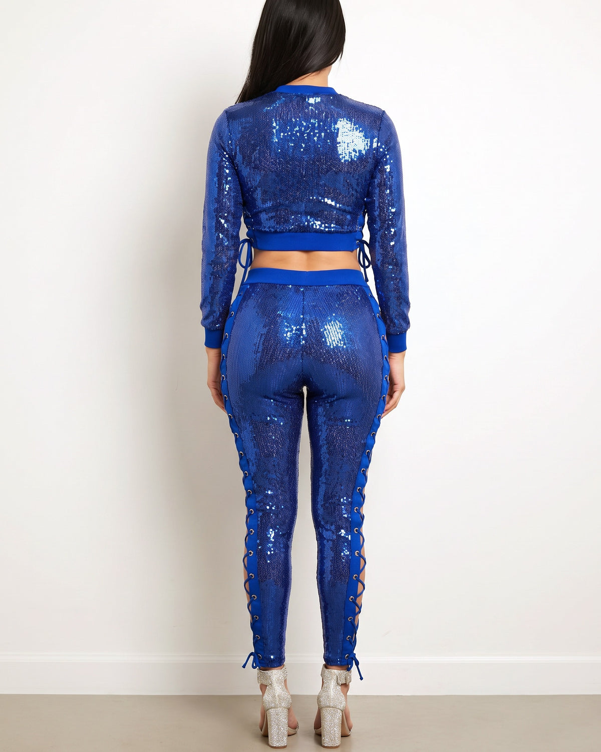 Royal side eyelet tape sequin set, back view on model