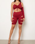 Muvin women's burgundy cutout detailed asymmetric top set, front view on model