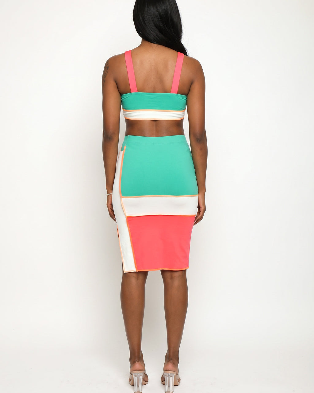 Jade multicolor binding detailed color block skirt set, back view on model