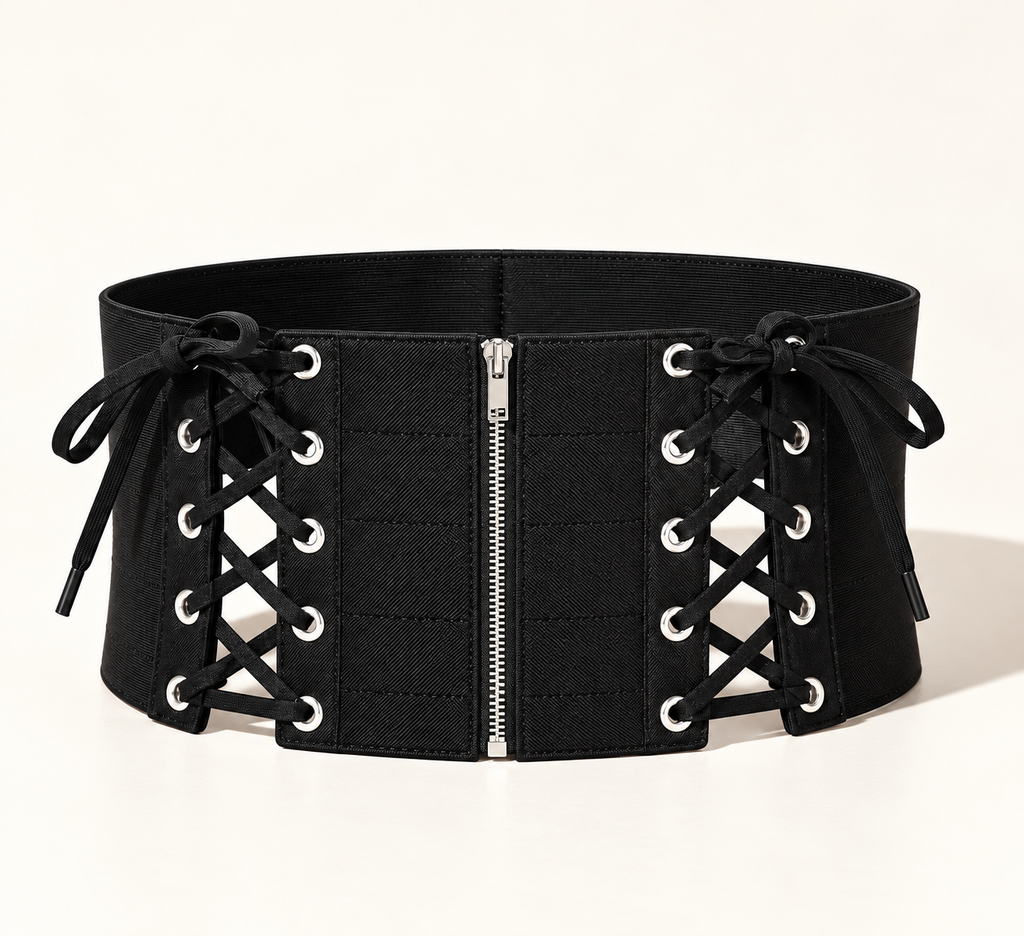 Black lace-up belt, back view showing silver zipper closure