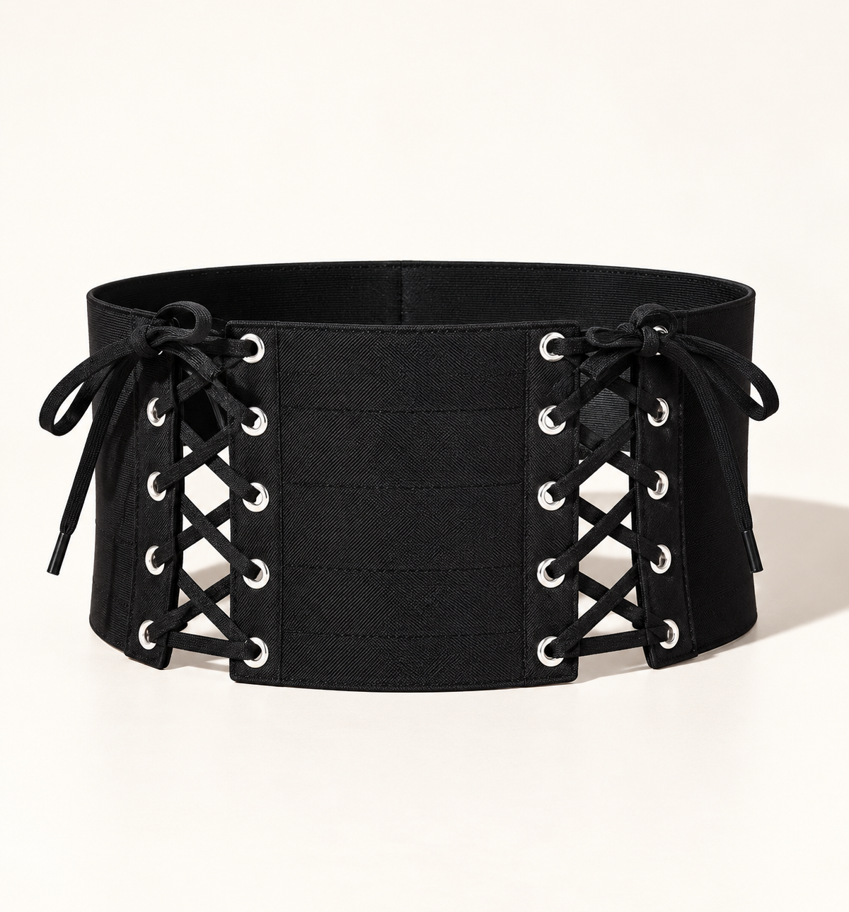 Muvin women's black wide lace-up belt, front view with silver eyelets