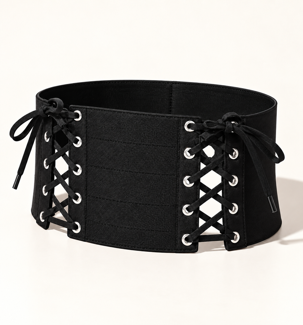 Black waist belt, angled front view of crisscross lacing