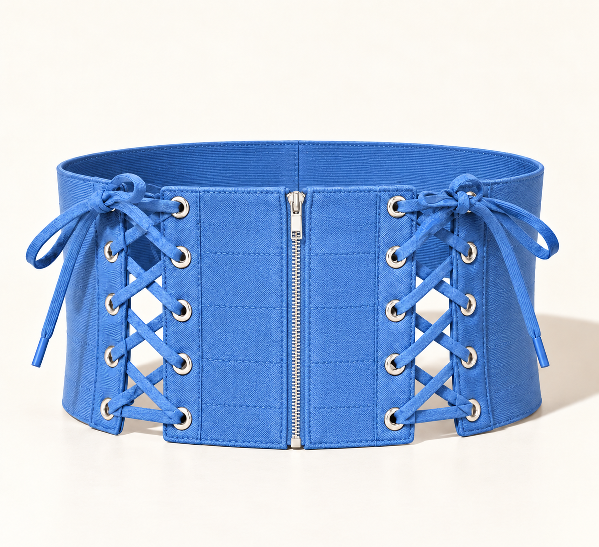 Denim blue lace-up belt, back view showing silver zipper closure