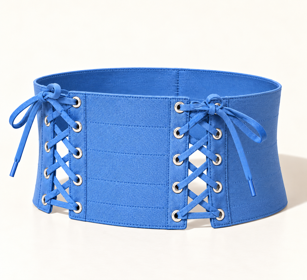 Denim blue waist belt, angled front view of matching crisscross ties