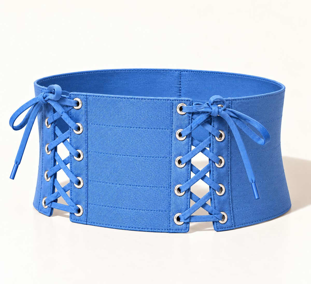 Denim blue waist belt, angled front view of matching crisscross ties