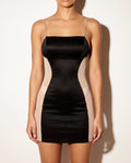 Muvin women's black and nude side mesh mini dress, front view on model